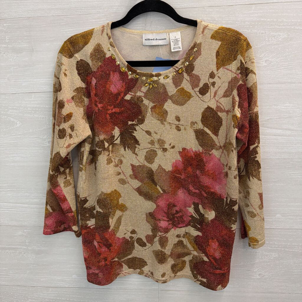 Alfred Dunner Beige/ Red Shimmer Floral Print Beaded Neckline Sweater Small