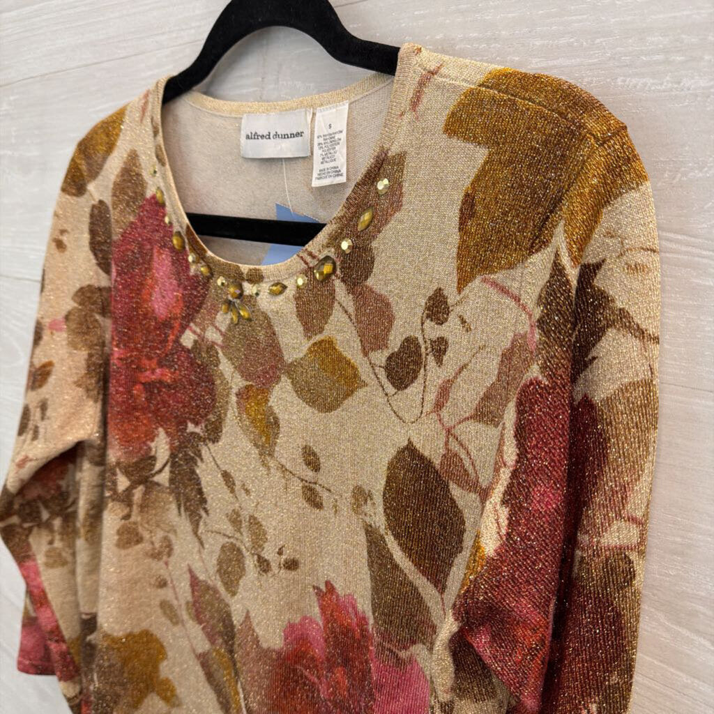 Alfred Dunner Beige/ Red Shimmer Floral Print Beaded Neckline Sweater Small