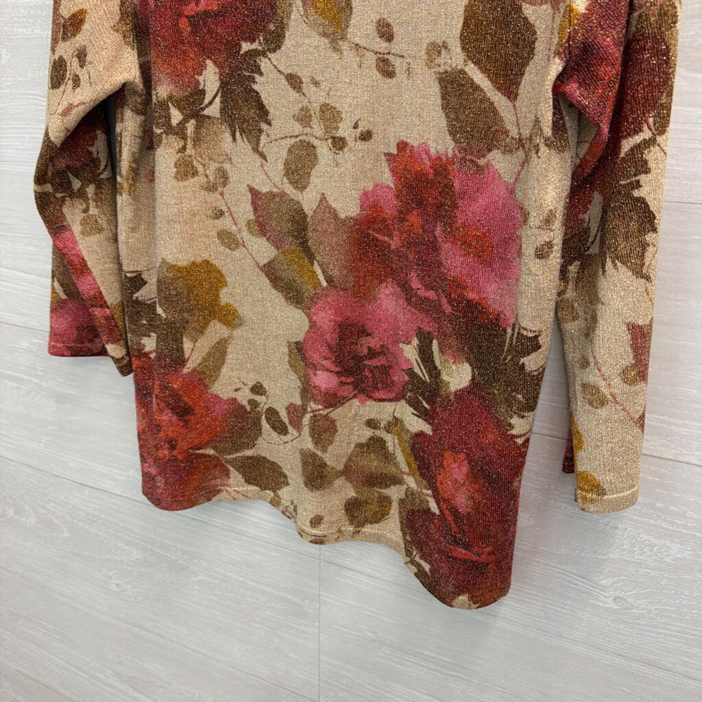 Alfred Dunner Beige/ Red Shimmer Floral Print Beaded Neckline Sweater Small