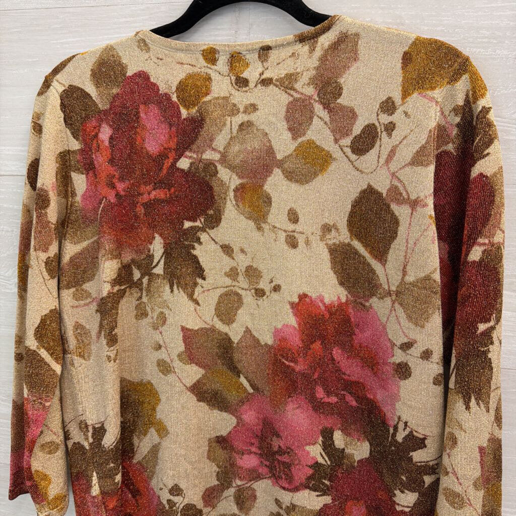 Alfred Dunner Beige/ Red Shimmer Floral Print Beaded Neckline Sweater Small