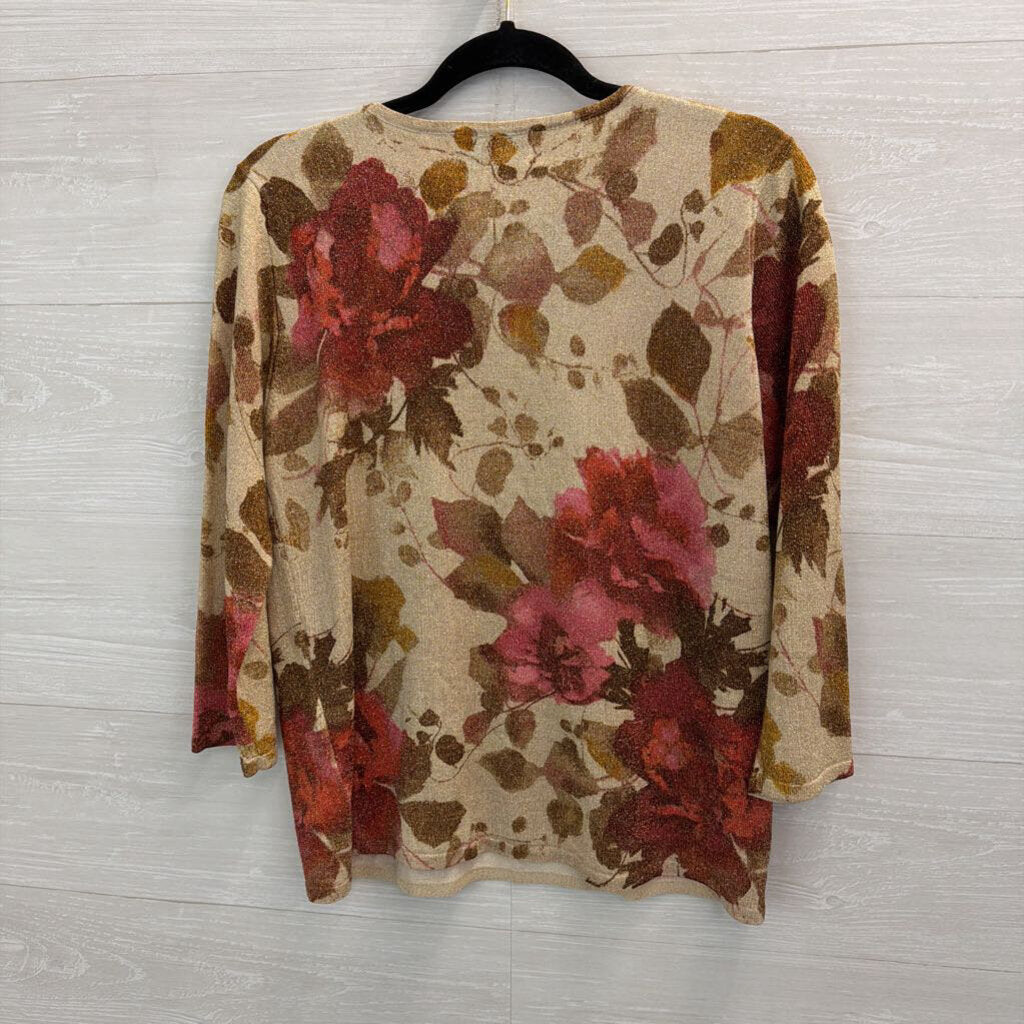 Alfred Dunner Beige/ Red Shimmer Floral Print Beaded Neckline Sweater Small