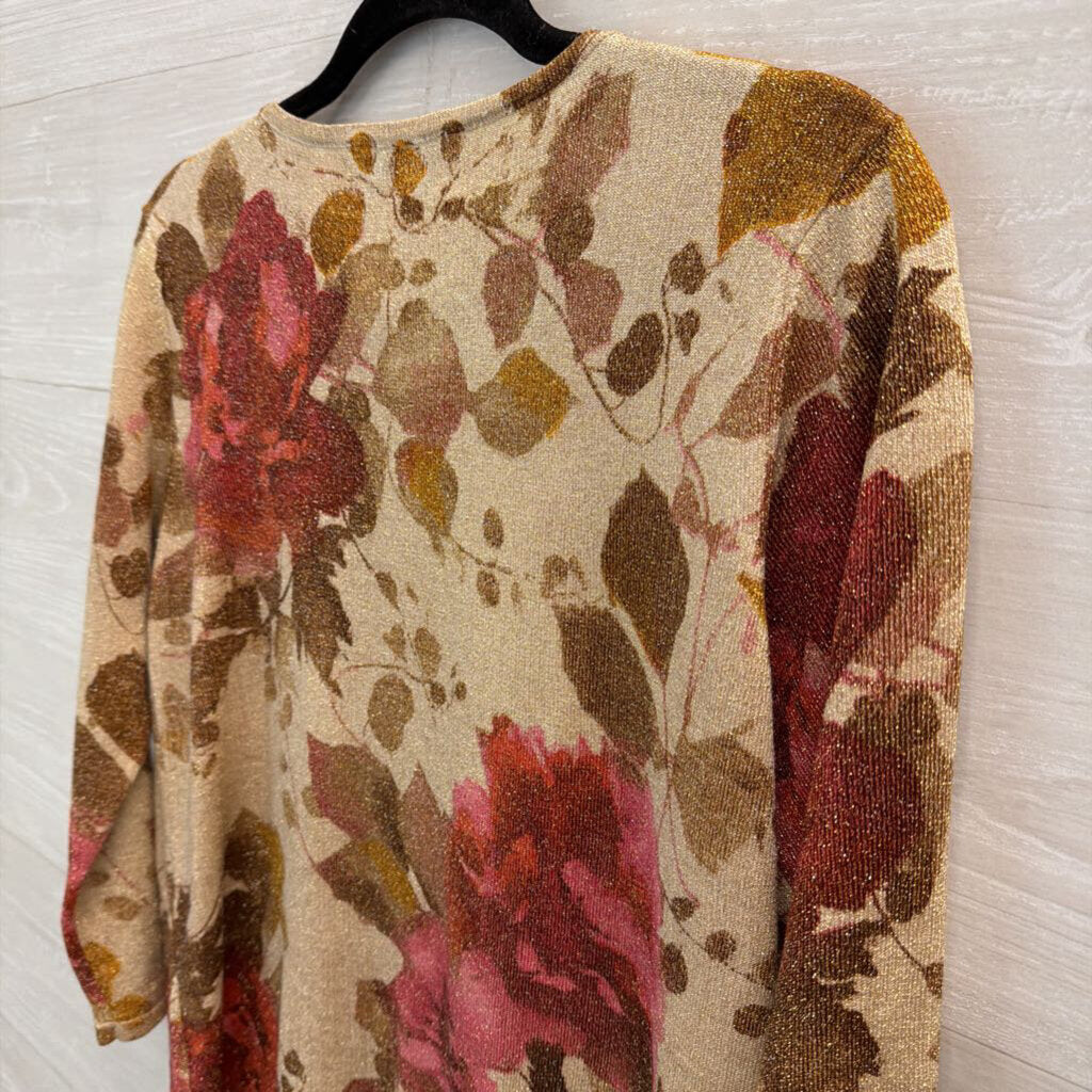 Alfred Dunner Beige/ Red Shimmer Floral Print Beaded Neckline Sweater Small