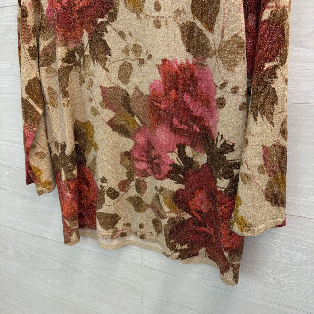Alfred Dunner Beige/ Red Shimmer Floral Print Beaded Neckline Sweater Small