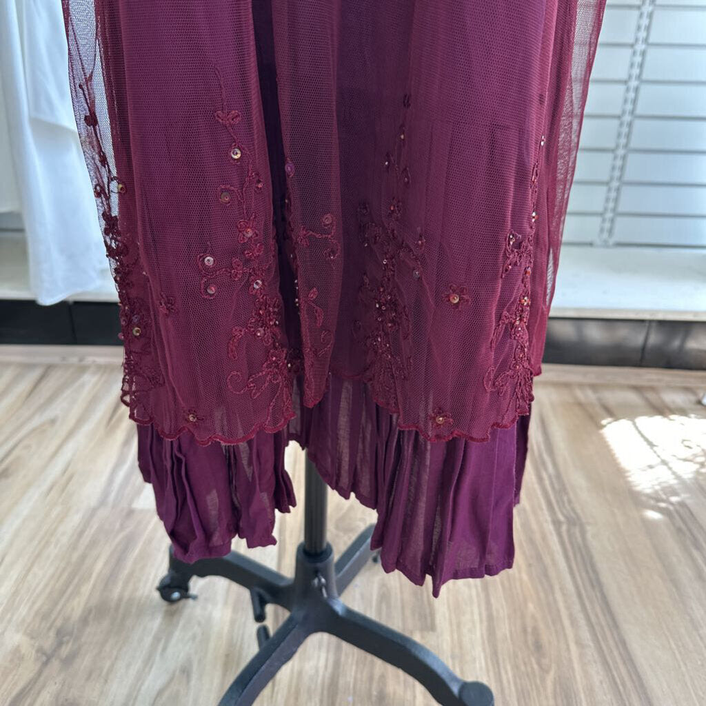 April Cornell Burgundy Mesh Short Sleeve Embroidered Detail Short Sleeve Maxi Dress Small