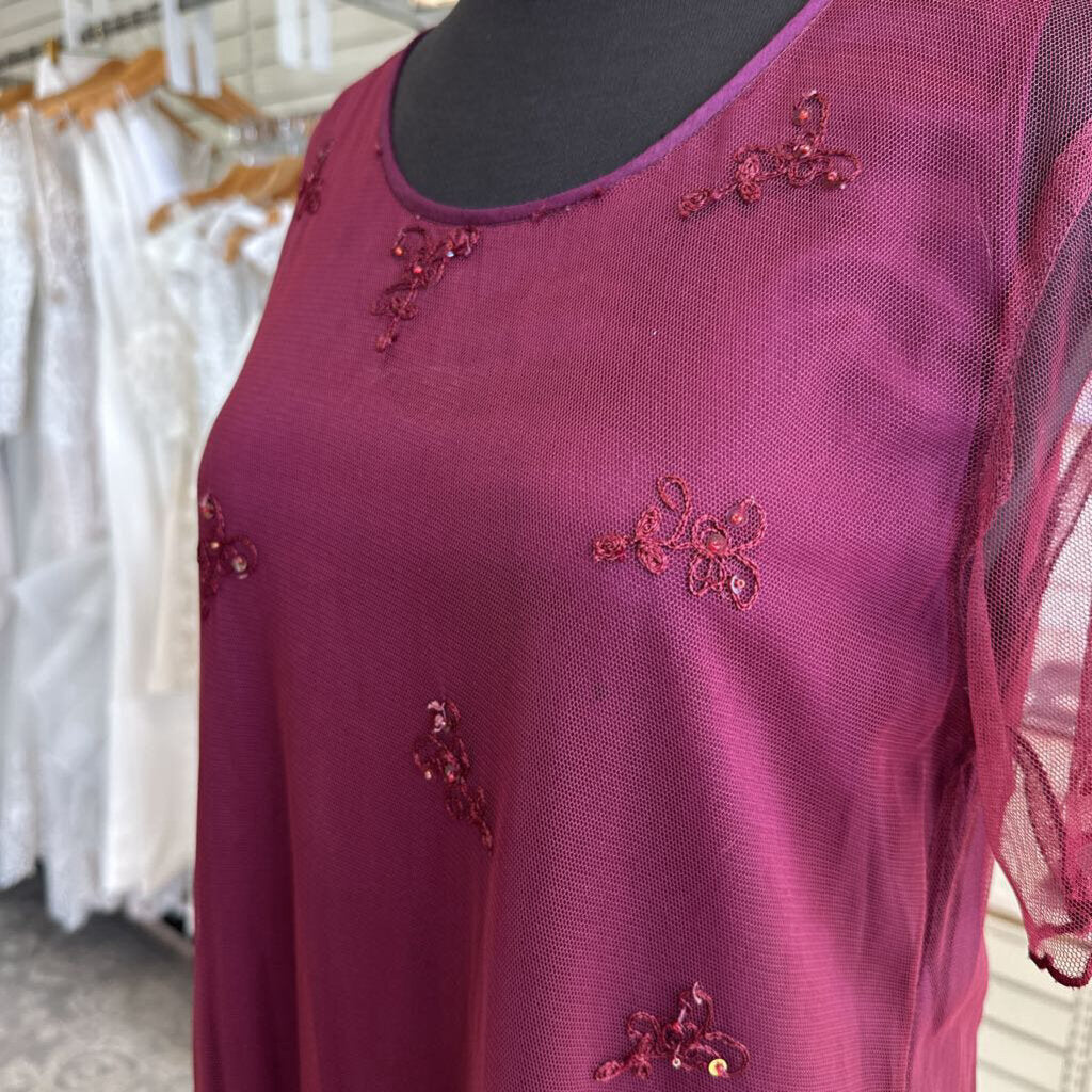 April Cornell Burgundy Mesh Short Sleeve Embroidered Detail Short Sleeve Maxi Dress Small