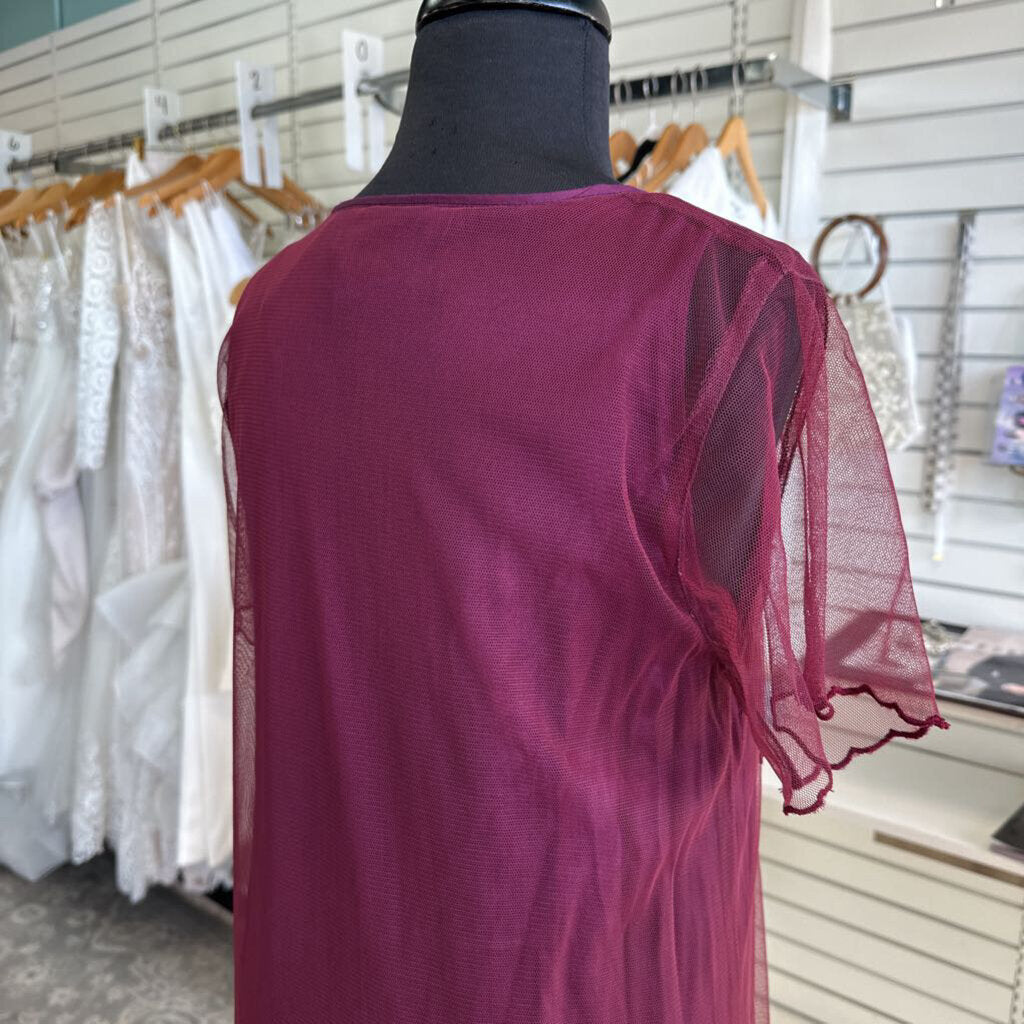 April Cornell Burgundy Mesh Short Sleeve Embroidered Detail Short Sleeve Maxi Dress Small