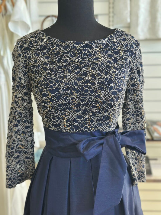 Jessica Howard Navy/ Gold Lace Long Sleeve Top Short Formal Dress 8