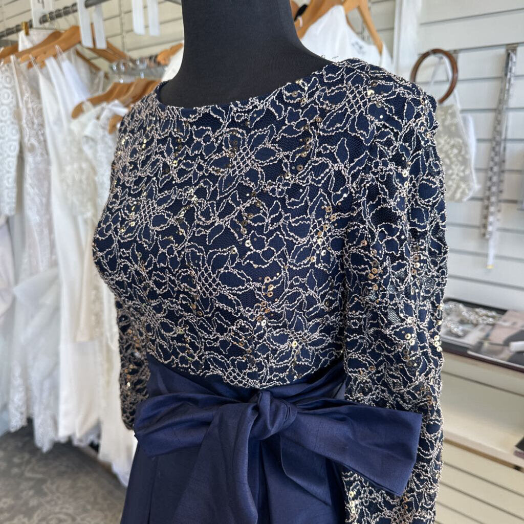 Jessica Howard Navy/ Gold Lace Long Sleeve Top Short Formal Dress 8