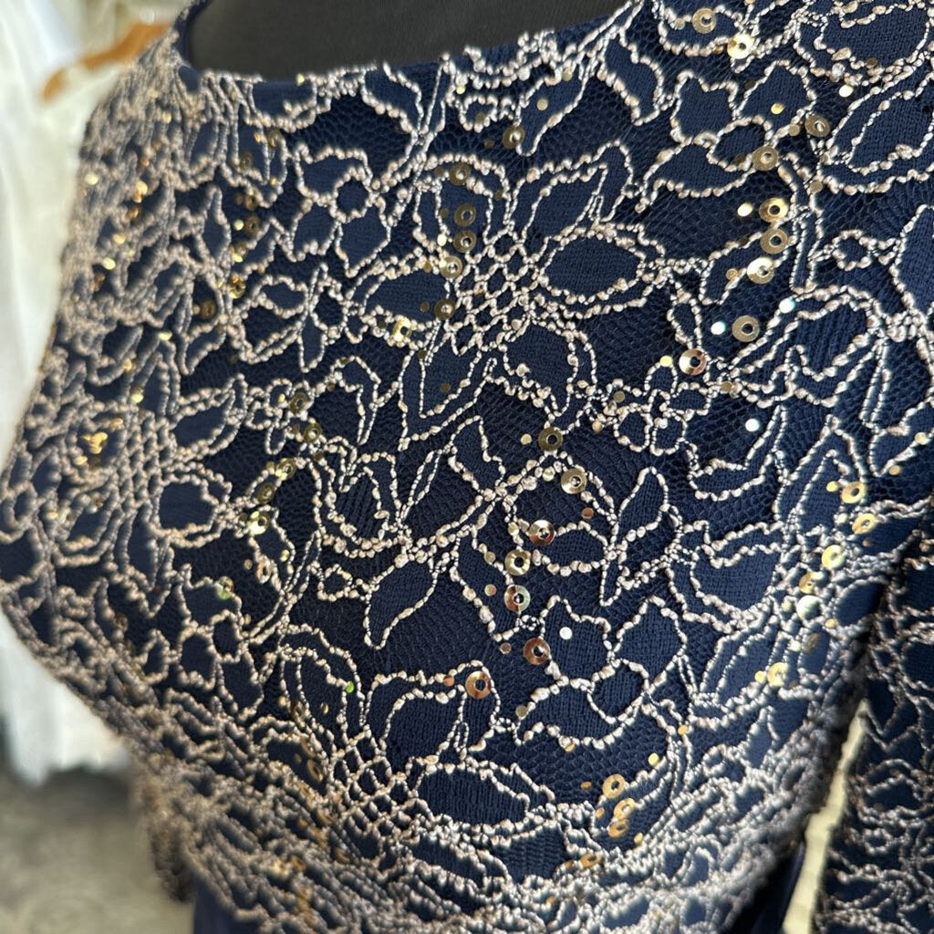 Jessica Howard Navy/ Gold Lace Long Sleeve Top Short Formal Dress 8