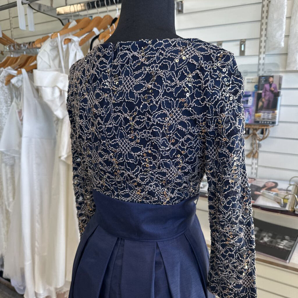 Jessica Howard Navy/ Gold Lace Long Sleeve Top Short Formal Dress 8