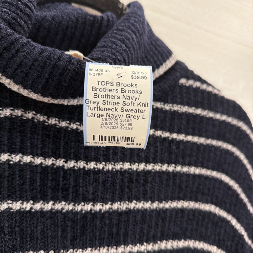 Brooks Brothers Navy/ Grey Stripe Soft Knit Turtleneck Sweater Large