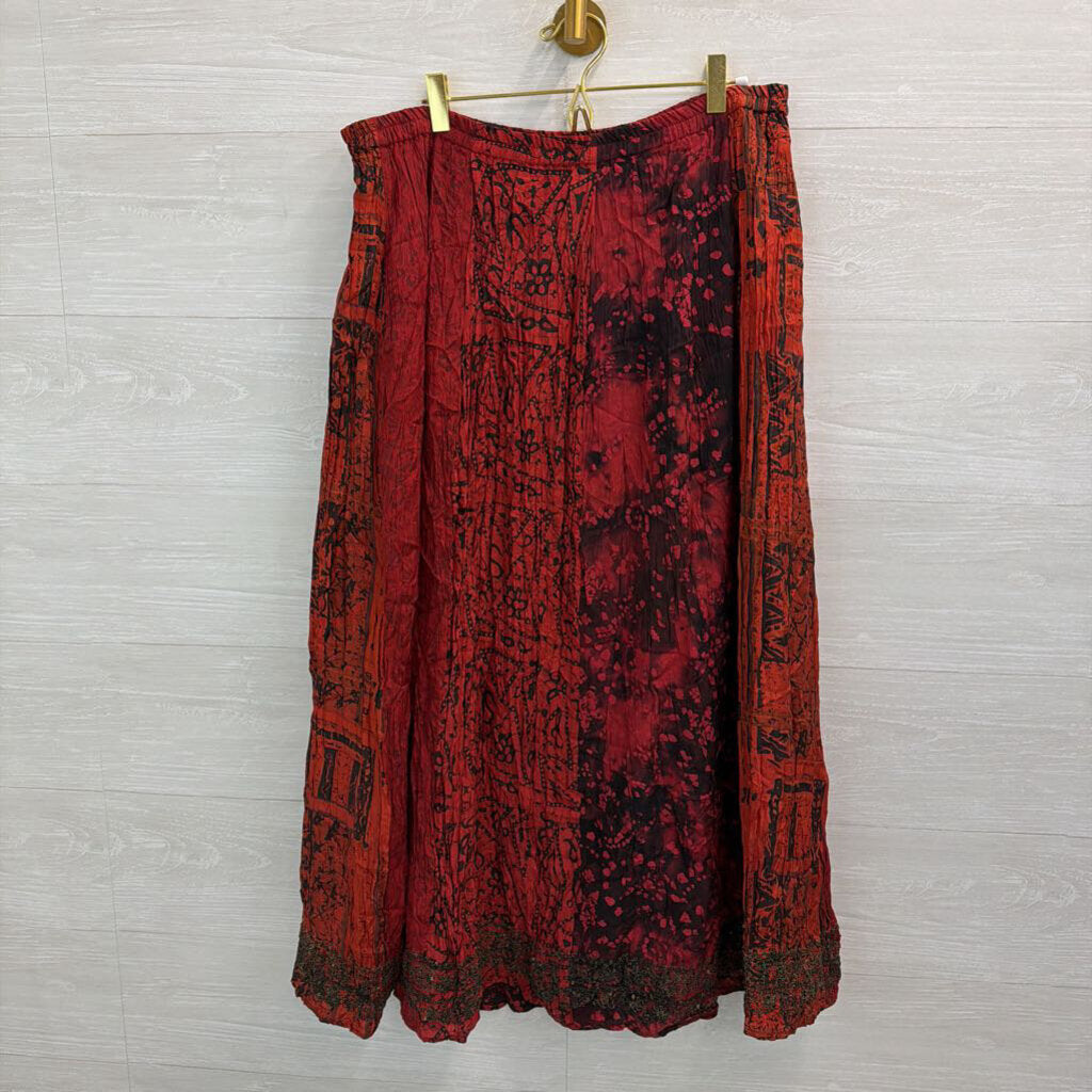 Chicos Red/ Black Print Crinkle Pleated Maxi Skirt 0