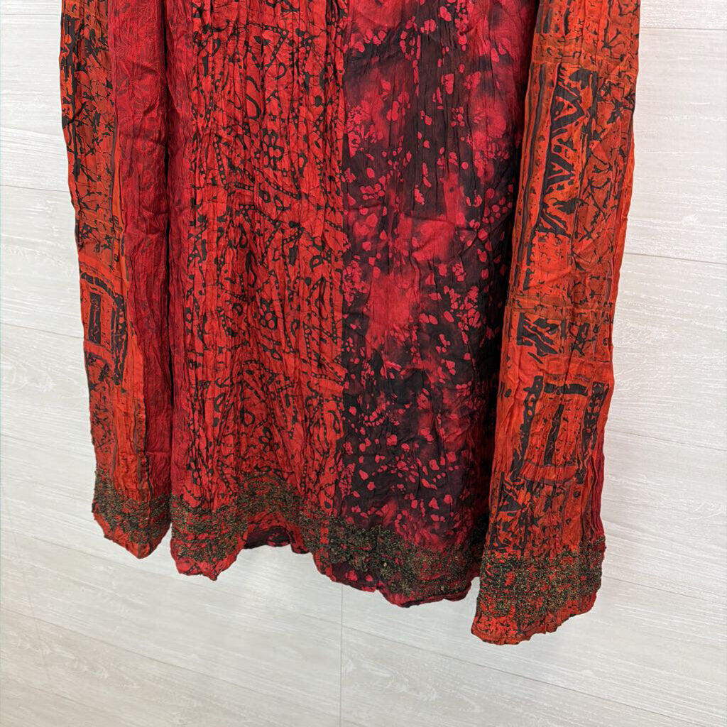 Chicos Red/ Black Print Crinkle Pleated Maxi Skirt 0