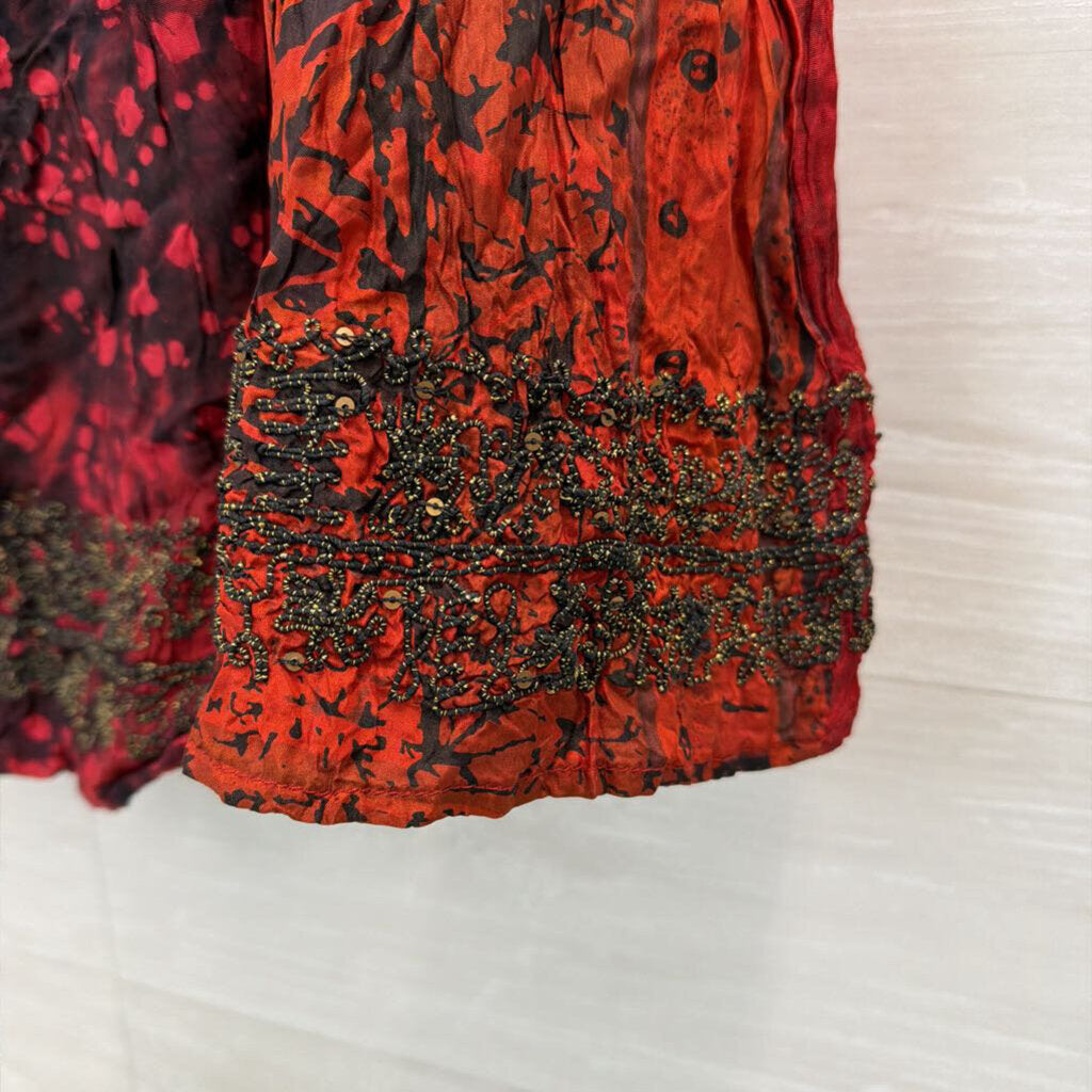 Chicos Red/ Black Print Crinkle Pleated Maxi Skirt 0