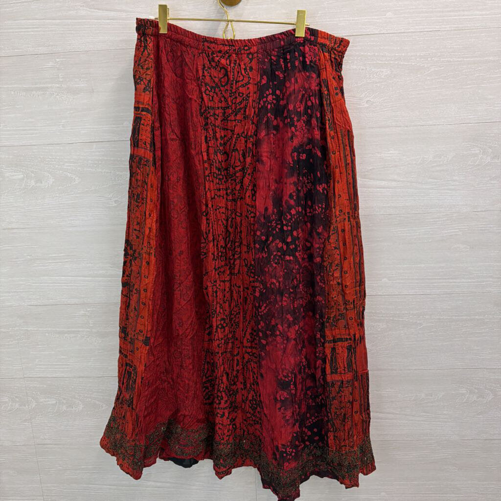 Chicos Red/ Black Print Crinkle Pleated Maxi Skirt 0