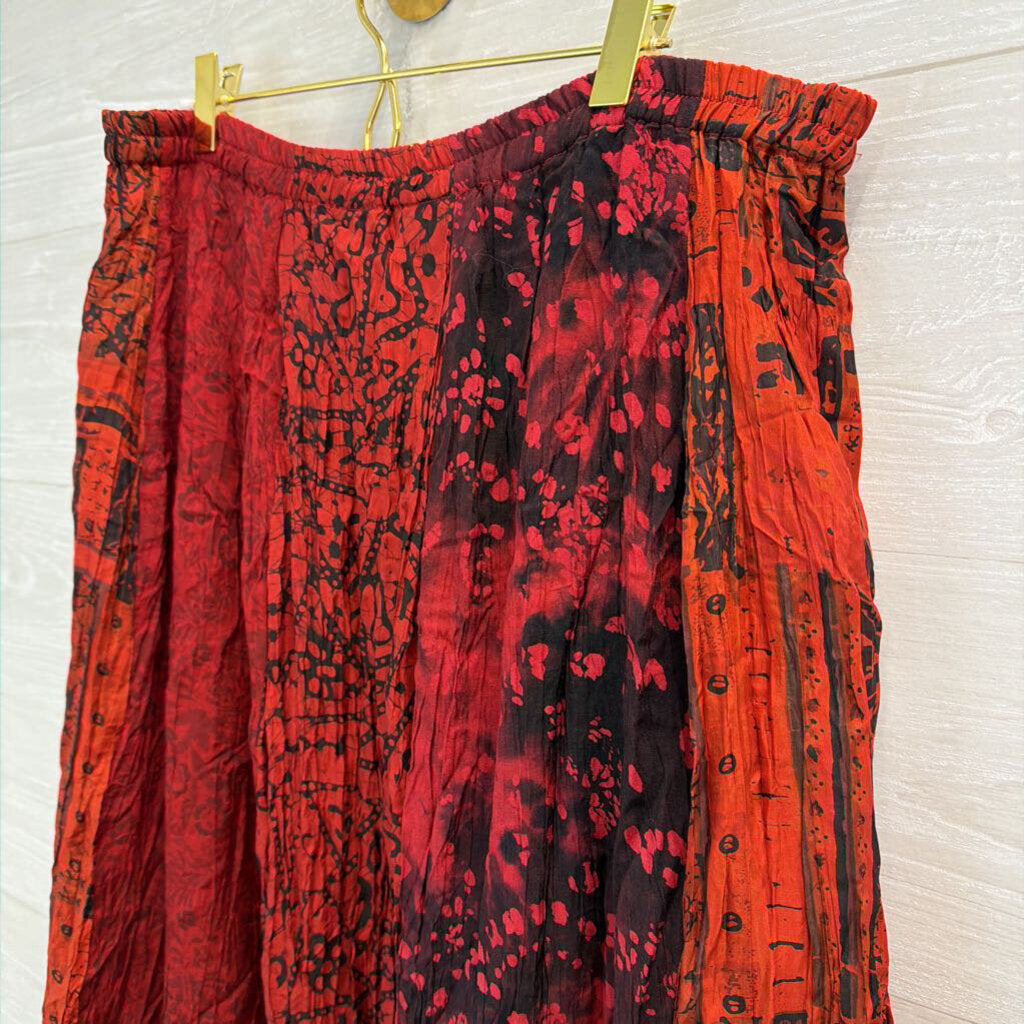 Chicos Red/ Black Print Crinkle Pleated Maxi Skirt 0