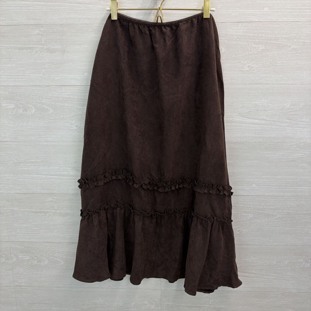 Vintage Van Heusen Brown Suede Ruffle Detail Midi Skirt Large
