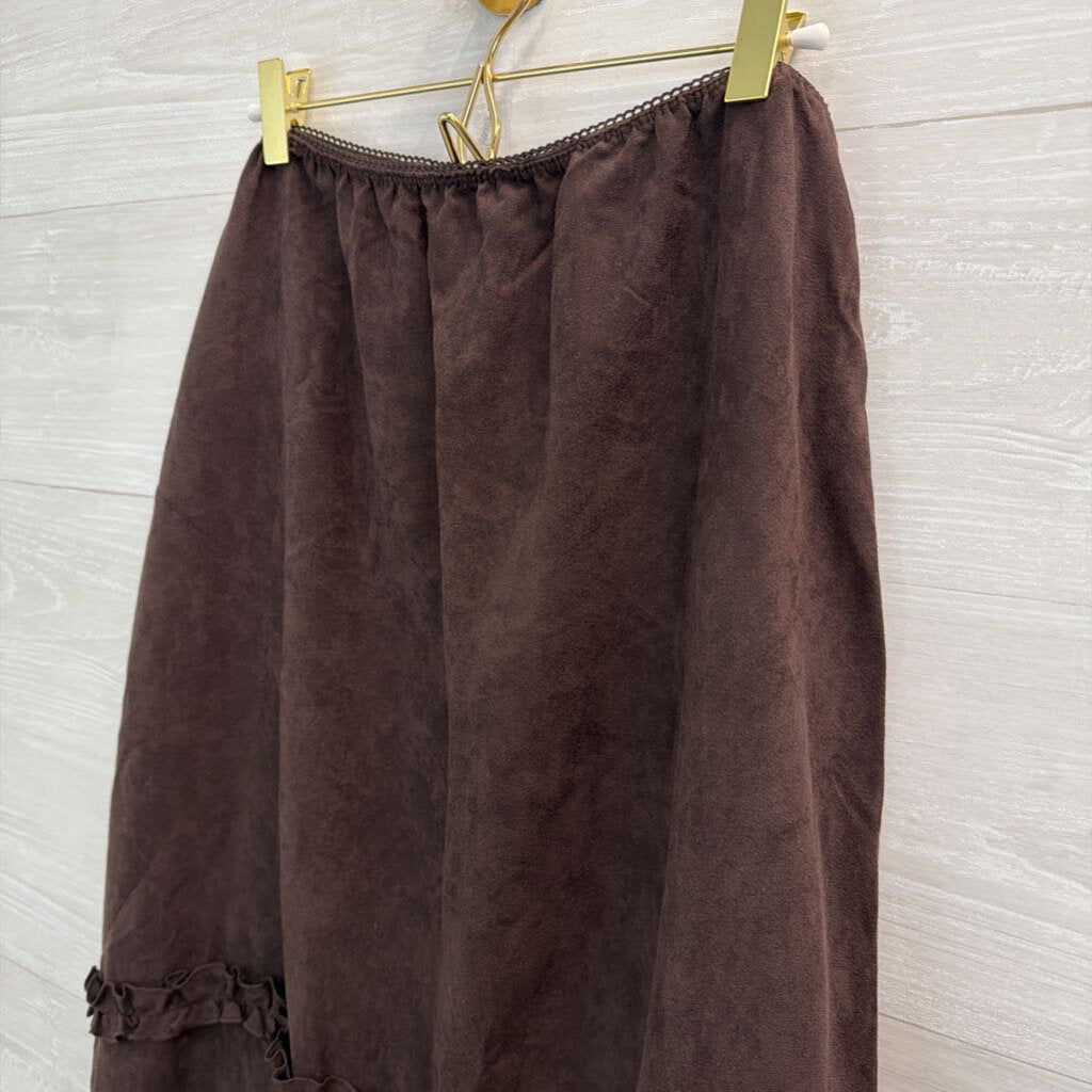 Vintage Van Heusen Brown Suede Ruffle Detail Midi Skirt Large