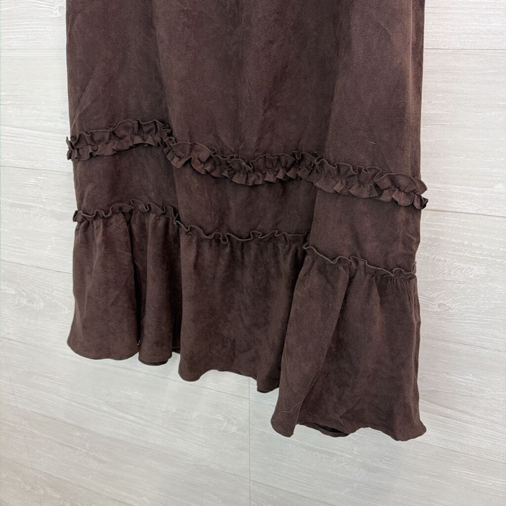 Vintage Van Heusen Brown Suede Ruffle Detail Midi Skirt Large