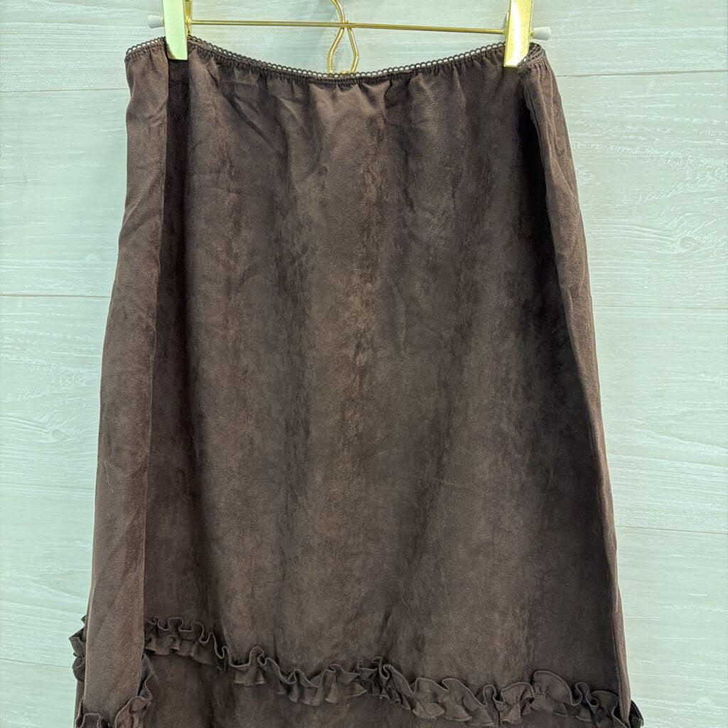 Vintage Van Heusen Brown Suede Ruffle Detail Midi Skirt Large