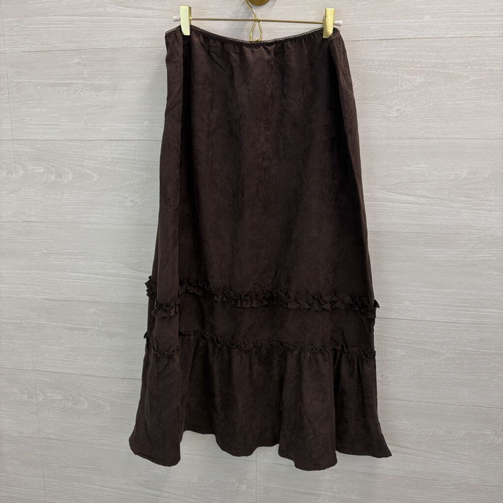 Vintage Van Heusen Brown Suede Ruffle Detail Midi Skirt Large