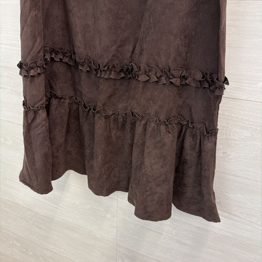 Vintage Van Heusen Brown Suede Ruffle Detail Midi Skirt Large