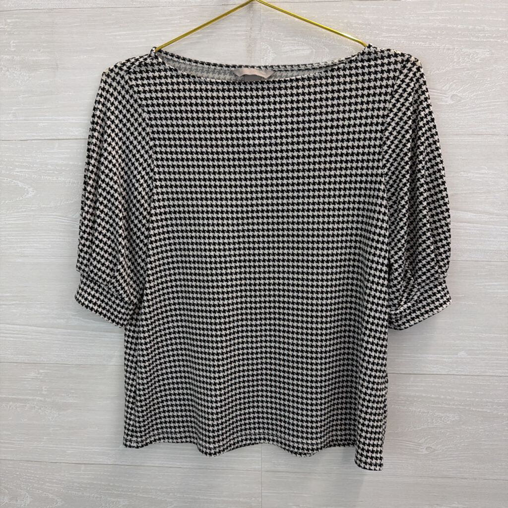Black/ White Houndstooth Print Short Puff Sleeve Top Small