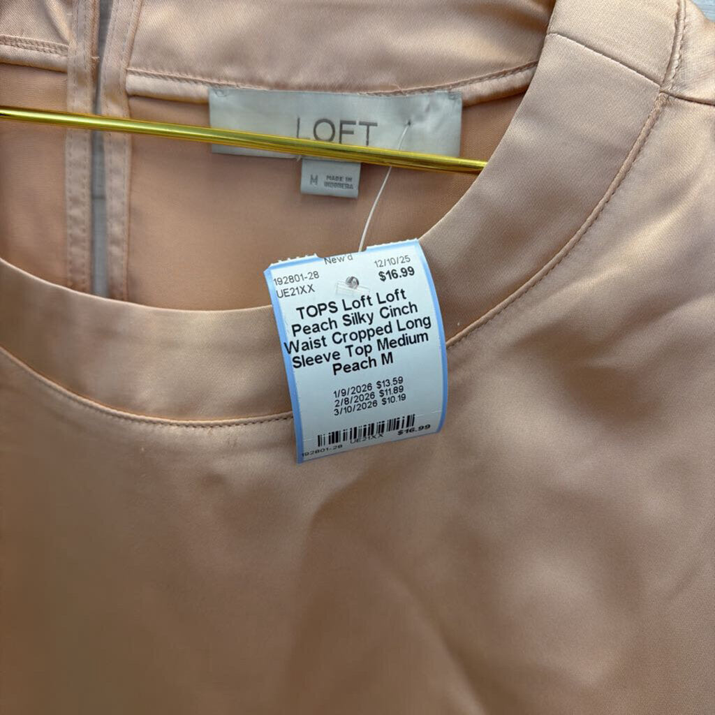 Loft Peach Silky Cinch Waist Cropped Long Sleeve Top Medium