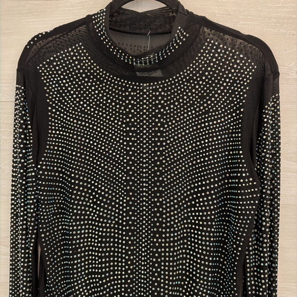Black/ Rhinestone Embellished Mesh Long Sleeve Mock Neck Bodysuit Extra Large