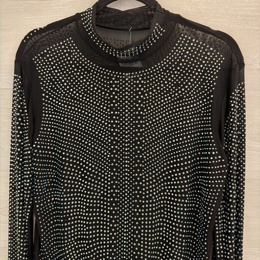 Black/ Rhinestone Embellished Mesh Long Sleeve Mock Neck Bodysuit Extra Large
