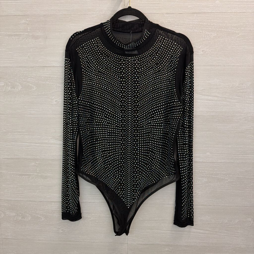 Black/ Rhinestone Embellished Mesh Long Sleeve Mock Neck Bodysuit Extra Large