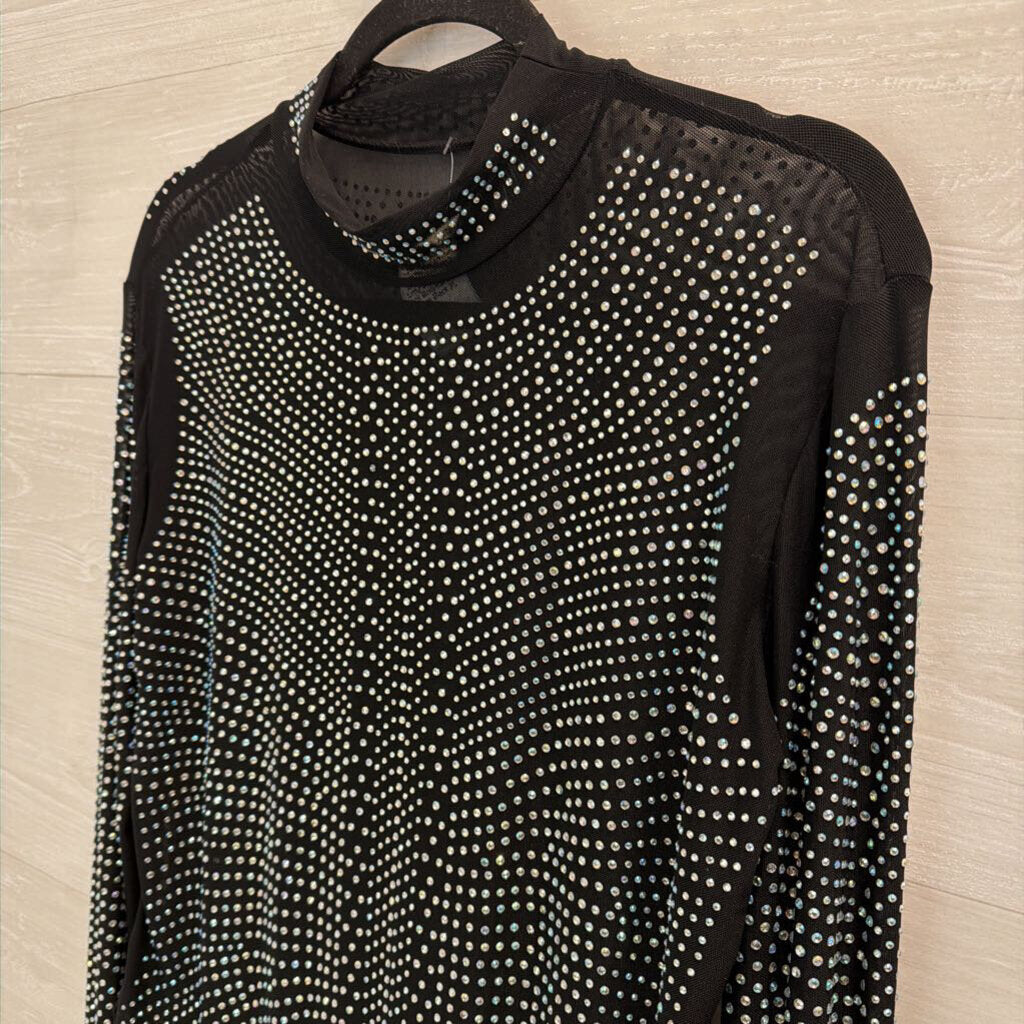 Black/ Rhinestone Embellished Mesh Long Sleeve Mock Neck Bodysuit Extra Large
