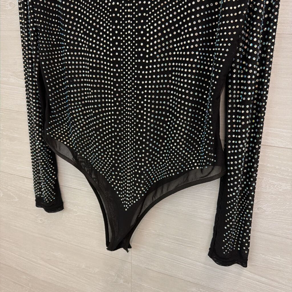 Black/ Rhinestone Embellished Mesh Long Sleeve Mock Neck Bodysuit Extra Large