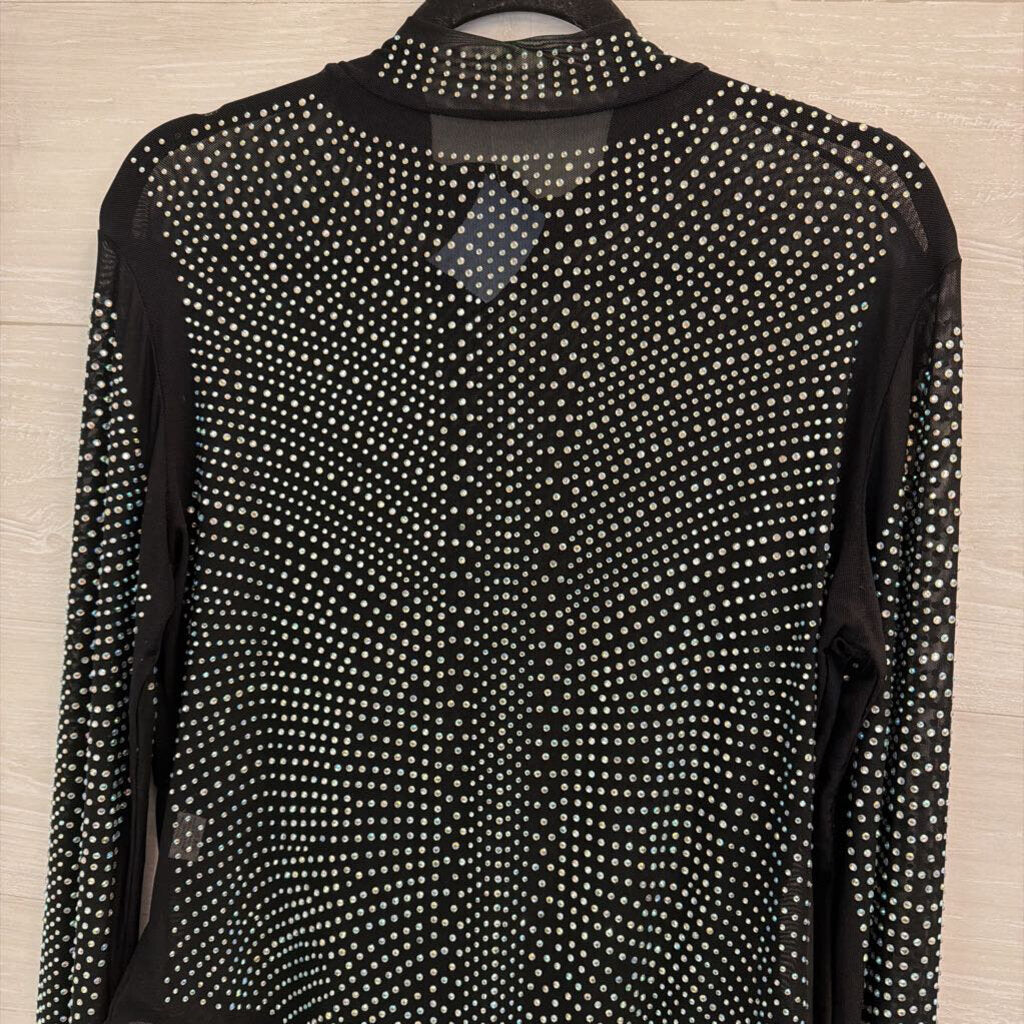 Black/ Rhinestone Embellished Mesh Long Sleeve Mock Neck Bodysuit Extra Large