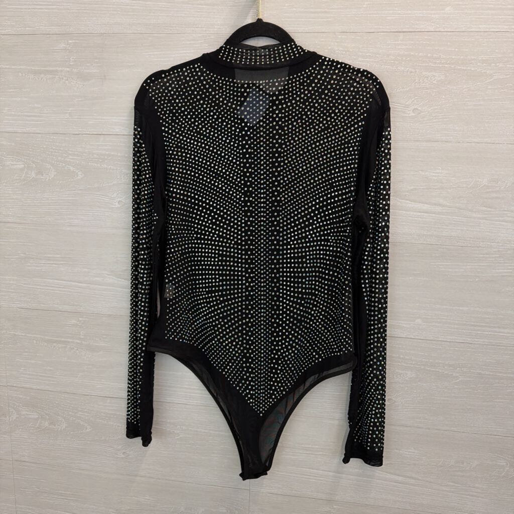 Black/ Rhinestone Embellished Mesh Long Sleeve Mock Neck Bodysuit Extra Large