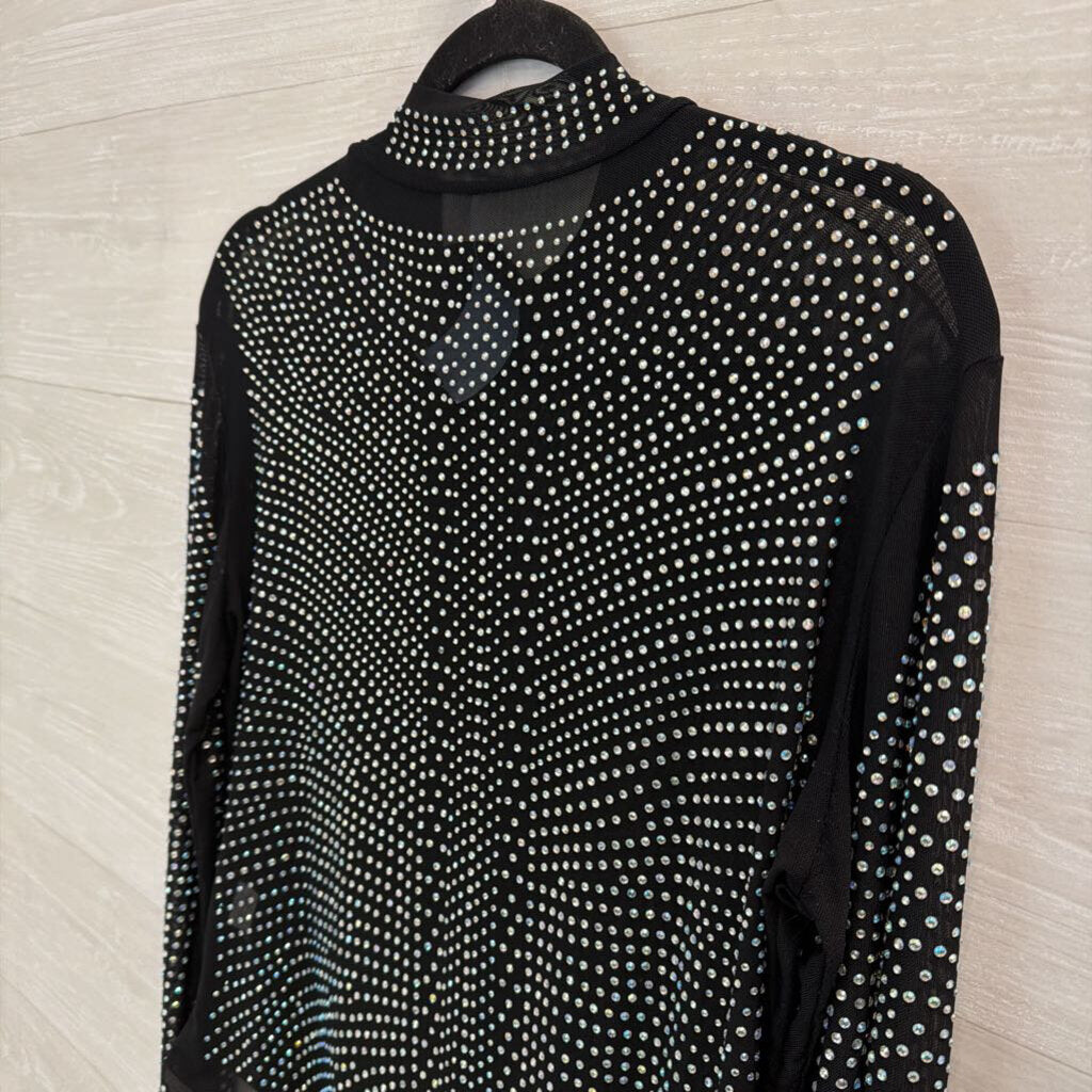Black/ Rhinestone Embellished Mesh Long Sleeve Mock Neck Bodysuit Extra Large