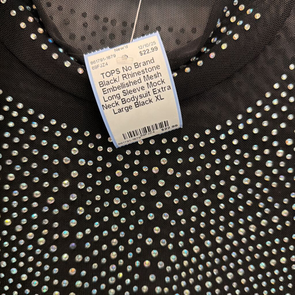 Black/ Rhinestone Embellished Mesh Long Sleeve Mock Neck Bodysuit Extra Large