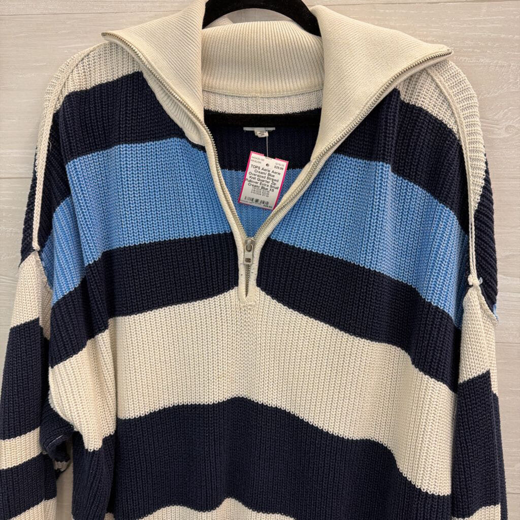 Aerie Cream/ Blue Oversized Striped Knit Quarter Zip Pullover Extra Small
