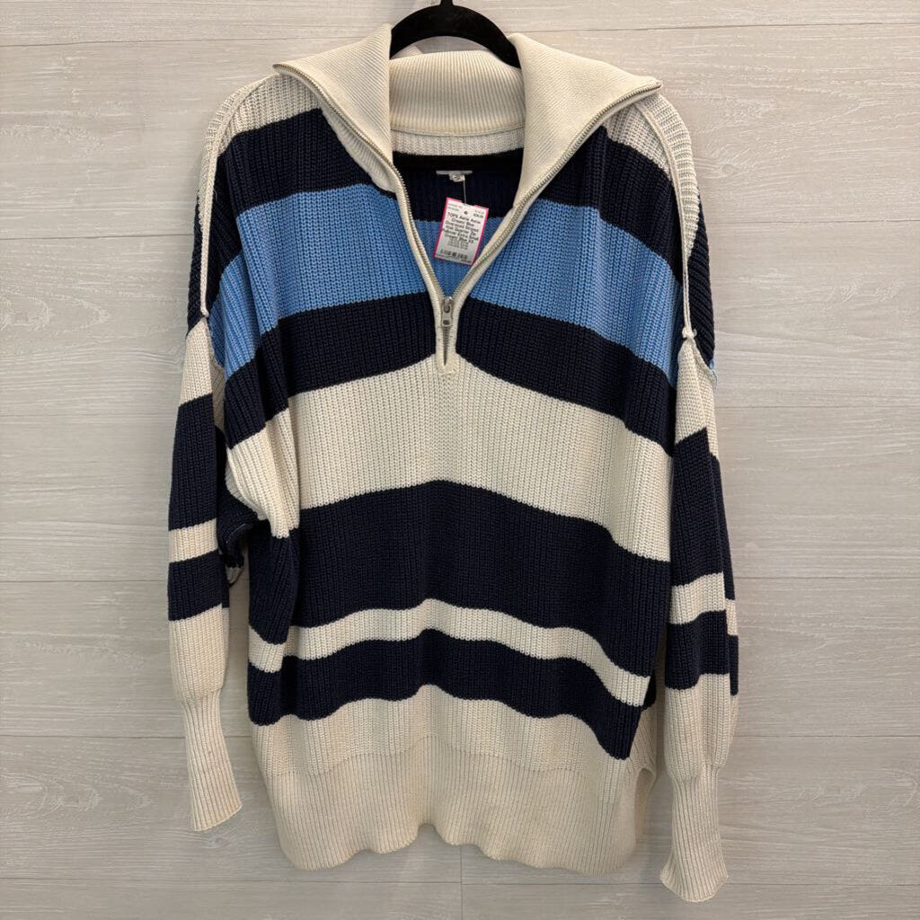 Aerie Cream/ Blue Oversized Striped Knit Quarter Zip Pullover Extra Small