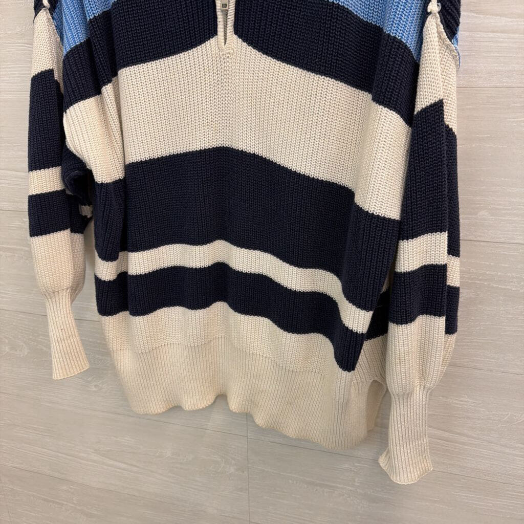 Aerie Cream/ Blue Oversized Striped Knit Quarter Zip Pullover Extra Small
