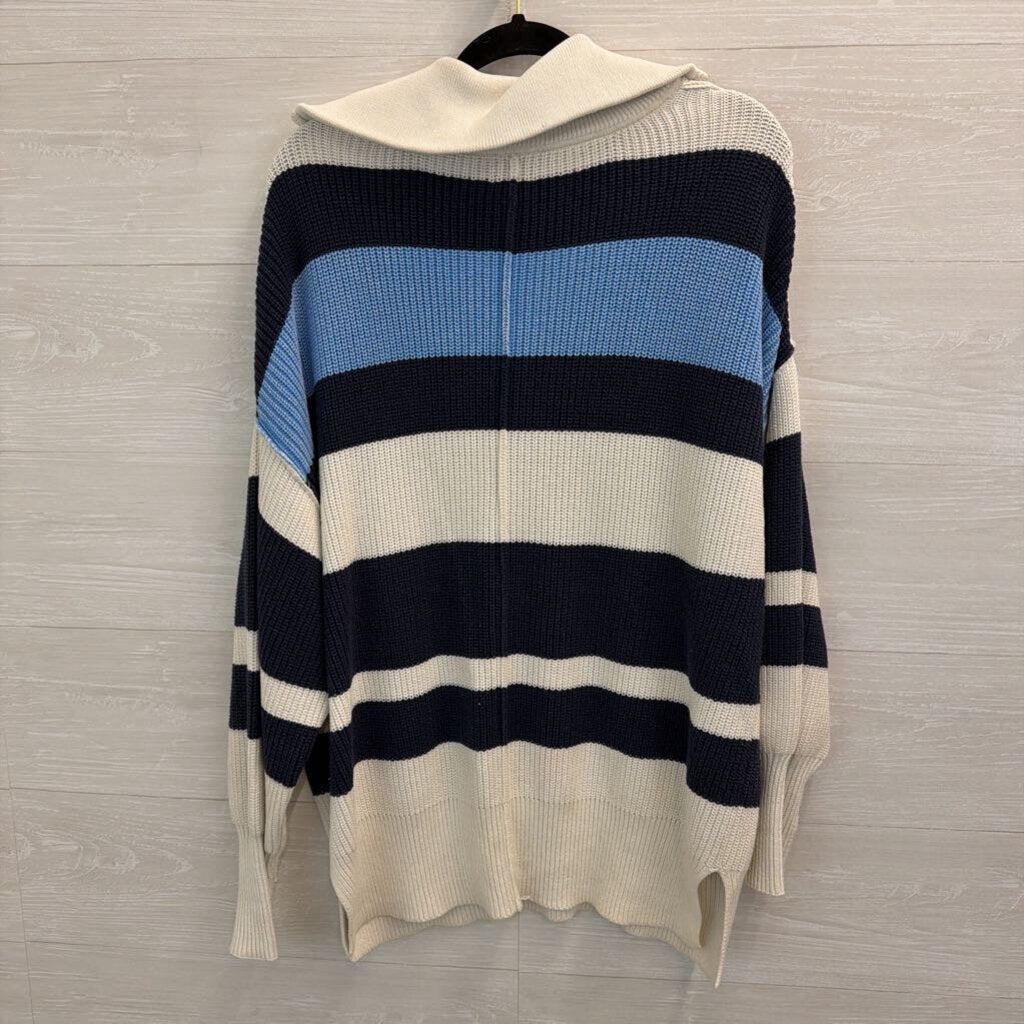 Aerie Cream/ Blue Oversized Striped Knit Quarter Zip Pullover Extra Small