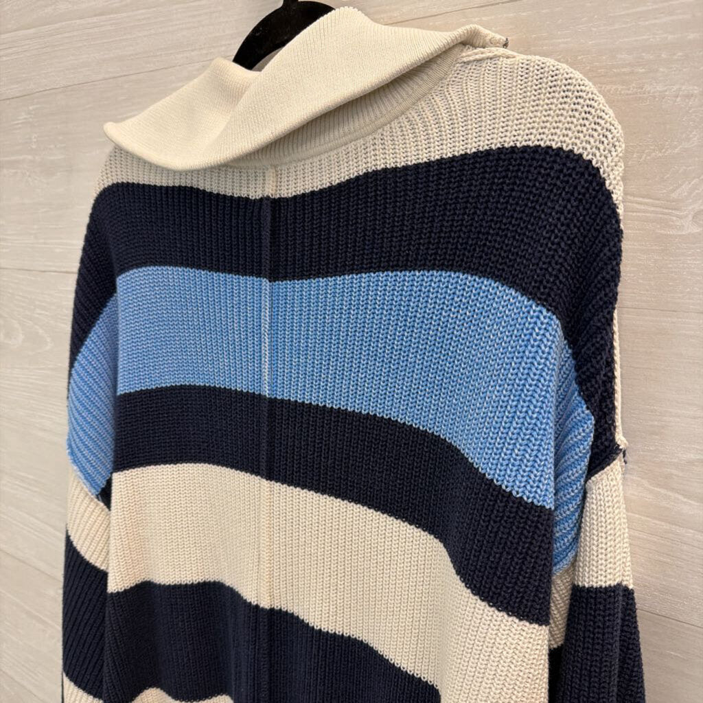 Aerie Cream/ Blue Oversized Striped Knit Quarter Zip Pullover Extra Small