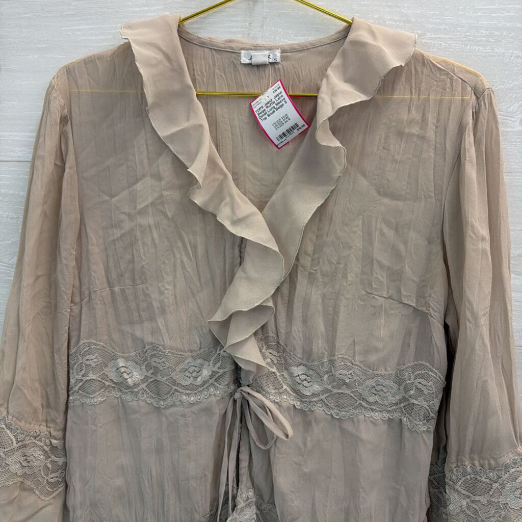 Jaipur Beige Ruffle Lace Detail Long Sleeve Top Small