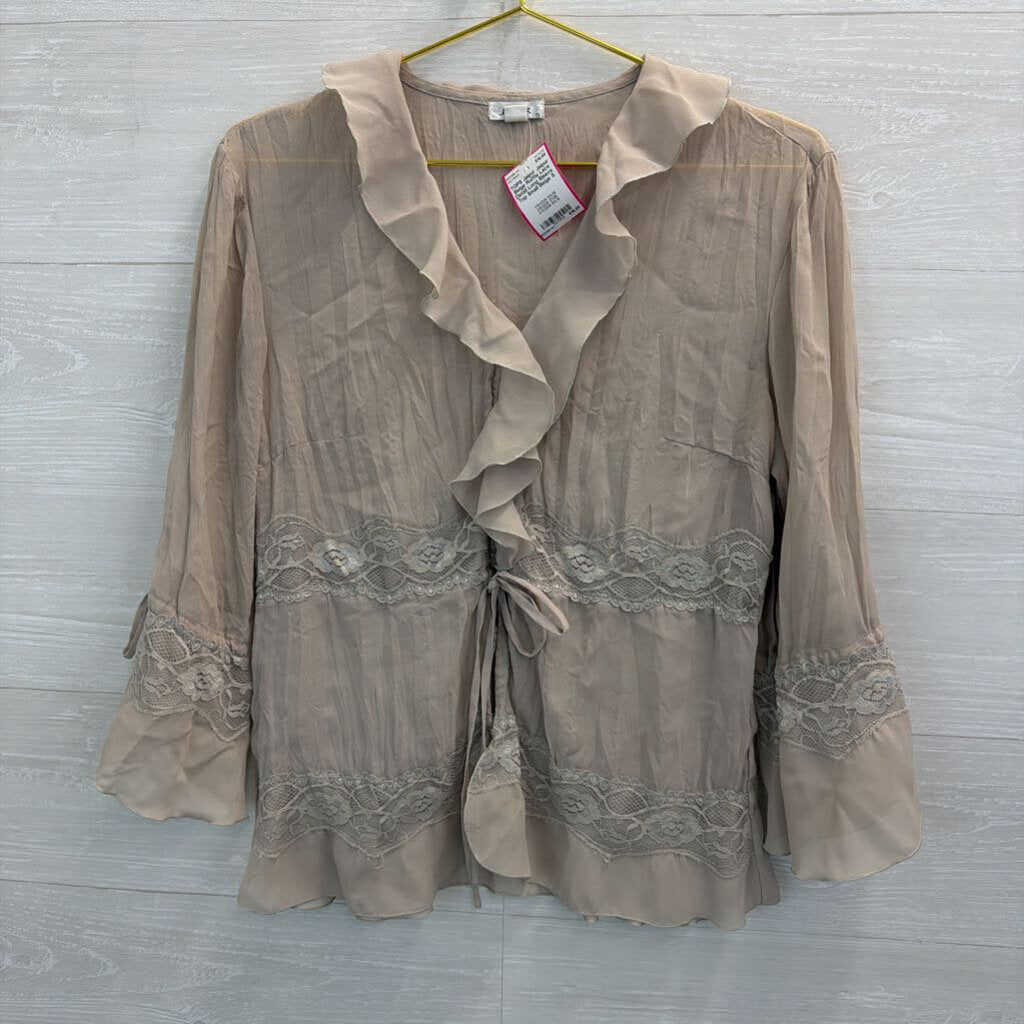 Jaipur Beige Ruffle Lace Detail Long Sleeve Top Small