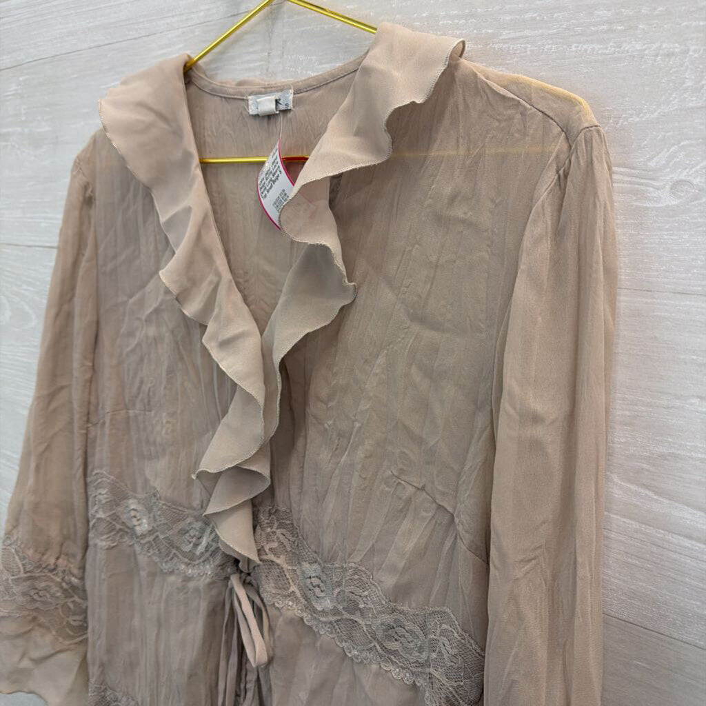 Jaipur Beige Ruffle Lace Detail Long Sleeve Top Small