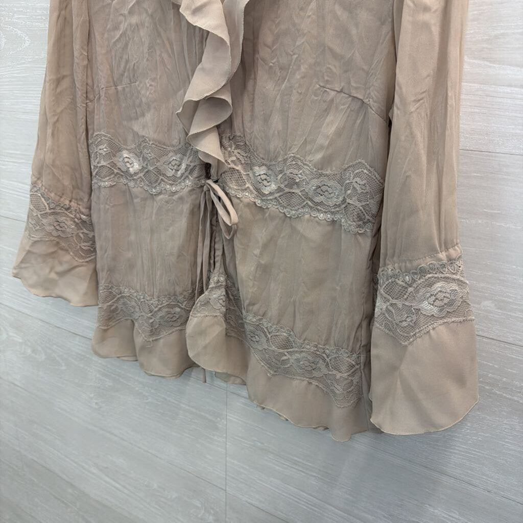 Jaipur Beige Ruffle Lace Detail Long Sleeve Top Small