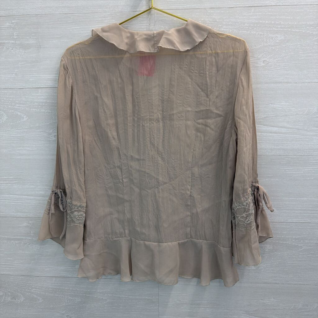 Jaipur Beige Ruffle Lace Detail Long Sleeve Top Small