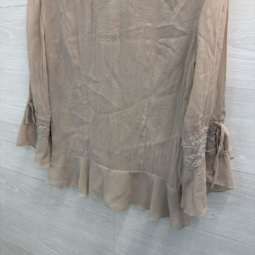 Jaipur Beige Ruffle Lace Detail Long Sleeve Top Small