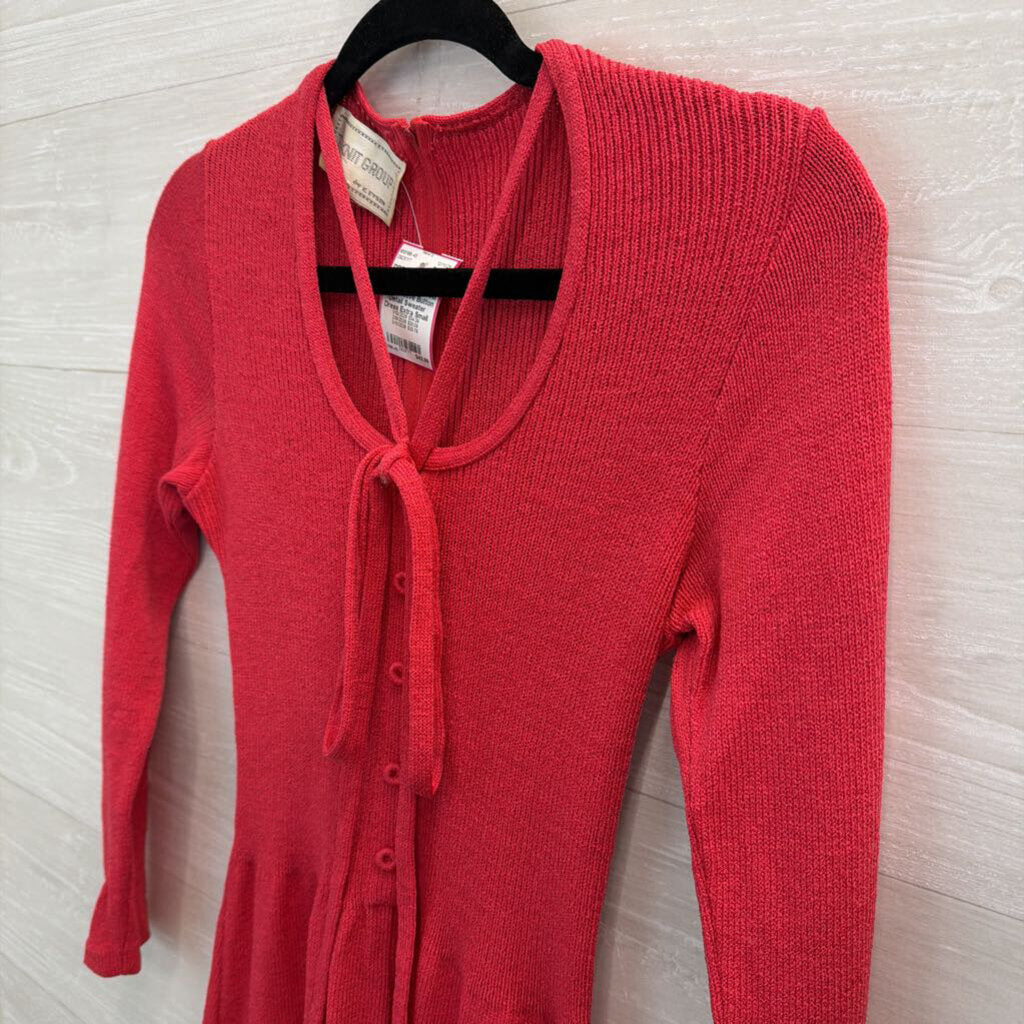 Vintage The Knit Group Red Knit Long Sleeve Button Detail Sweater Dress Extra Small