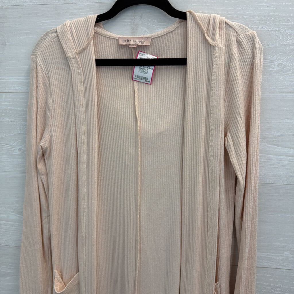 Philosophy Cream Ribbed Long Open Front Hooded Sweater Extra Small